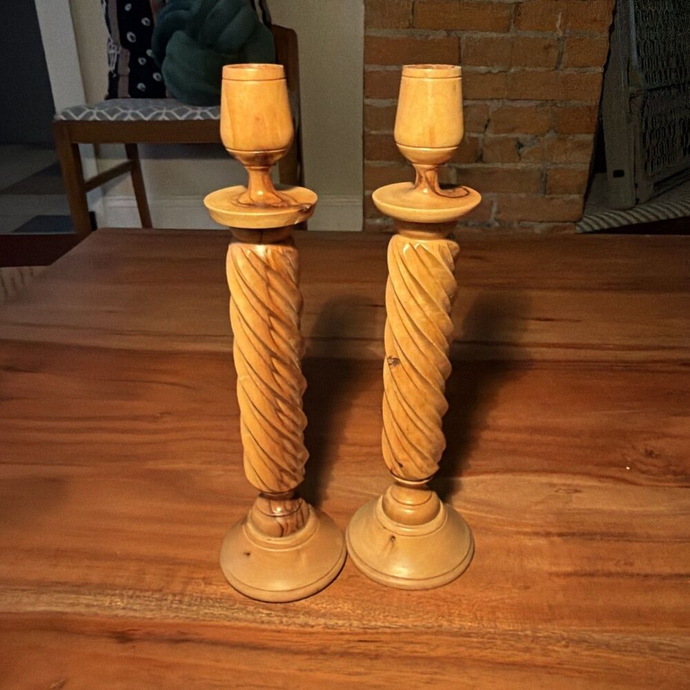 Pair Of Handcarved Olive Wood Barley Twist Candle Holders 9.5” Tall